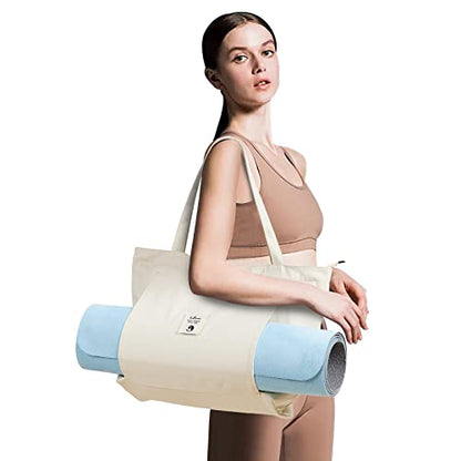 WLLWOO Yoga Mat Carrier Bag for Women Canvas Carryall Tote Gym Pilates | Large Holder Zipper Shoulder for Beach Travel Workout Fitness Office - color: Beige
