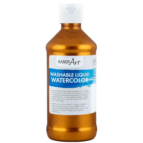 Handy Art Washable Liquid Watercolor Paint, Treasure Gold, 8 oz Bottle | Ready to Use Concentrated Dye-Based Liquid, Deep Color Strength, Dilute with Water, Certified Safe AP Non-Toxic, Made in USA - color: Metallic Treasure Gold