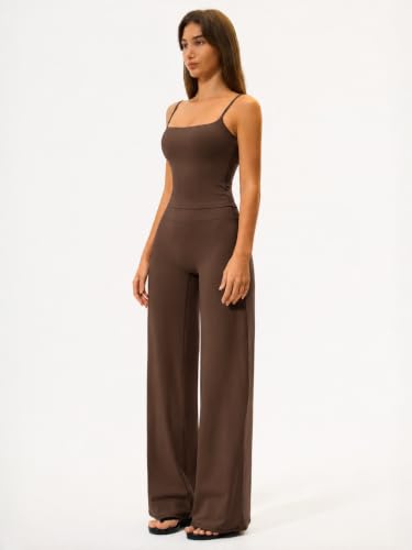 Womens Two Piece Workout Sets Spaghetti Straps Crop Top Matching Straight Leg Pants Gym Yoga Pilates Outfits - color: Brown, size: Large