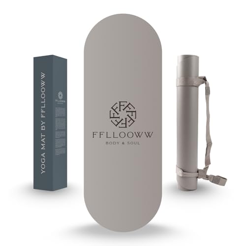 FFLLOOWW Premium Non Slip PU Yoga Mat 72.8” x 26.8” 4.5mm – Eco Friendly Natural Rubber Exercise Mat for Hot Yoga, Pilates & Home Workout with Carry Strap - color: Taupe