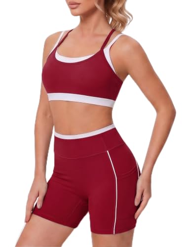 Double Layer Workout Sets for Women Cute Matching Gym Yoga Pilates Outfit | 2 Piece Trendy Active Athleisure Set, Spaghetti Straps Double Layered Sports Bra High Waisted Athletic Short for Yoga Pilates - color: Claret, size: Small