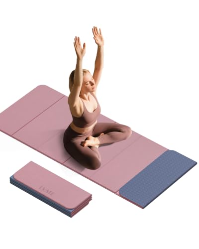 LVME Foldable Yoga Mat, 71"x24"x1/3" Thick(8mm), Non Slip Exercise Mat - color: Dusty Pink + Silver Blue
