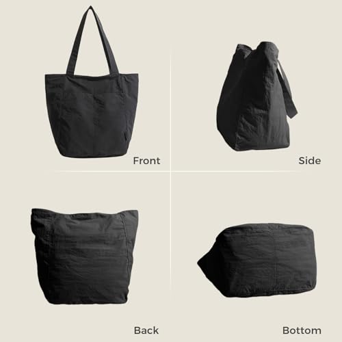 Barsine Tote Bag for Women Unisex Lightweight Nylon Totes Purses and Handbags Large Casual Shoulder Hobo for Travel Gym - color: Black