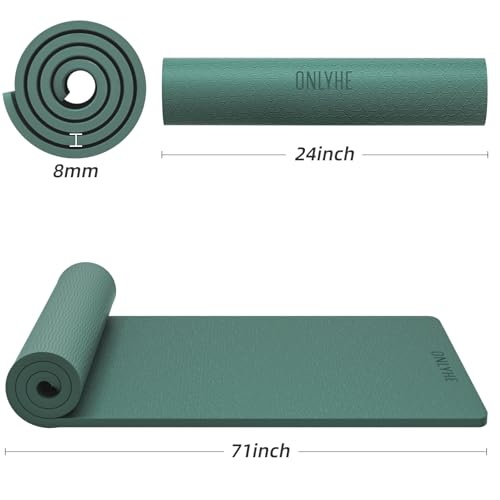 Yoga Mat Thick（8mm）Exercise Mat Non Slip Anti-tear,Pilates Mat for Men and Women,Workout Mats for Home,Barefoot Workouts and Floor Exercise,with Carrier Strap(71"x 24") - color: Dark Green