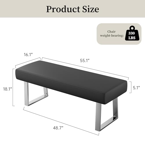 JIEXI 45.3" Indoor PU Leather Upholstered Footstool Bench with Metal Legs | Thick Cushion, Strong Silver Legs, Great for Entryway, Kitchen, Plant Stand, Bedroom Living Room Window - color: Black, size: 55 IN
