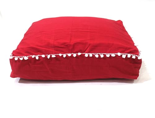 Round Mandala Floor Pillow Cover Seating Cushion Throw Cover Hippie Decorative Bohemian Ottoman Pouf Cover, Pom Pom Pillow Cases,Boho Indian (Red, 18" Square) - color: Red, size: 18"D x 5"W x 18"H