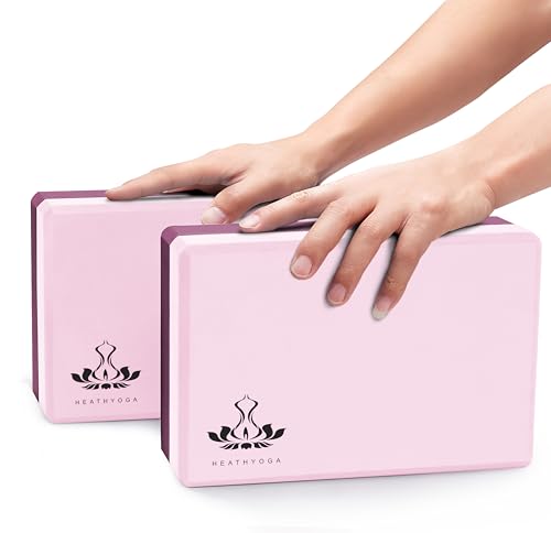 Heathyoga Yoga Blocks 2 Pack with Strap, High Density EVA Foam Yoga Block and Yoga Strap Set to Support and Improve Poses and Flexibility - color: Pink