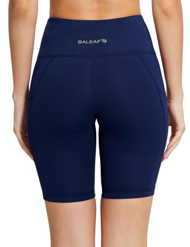 baleaf Women's High Waist Biker Shorts with 3 Pockets - color: Navy Blue-classic, size: Small