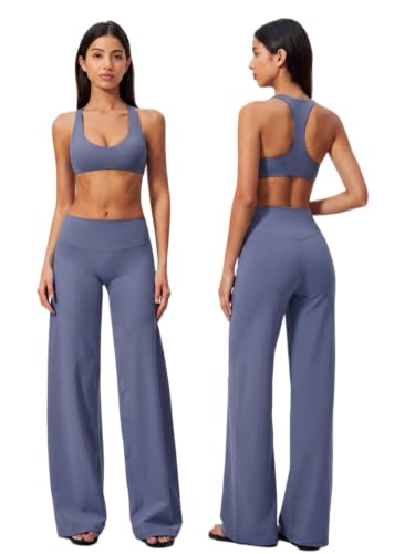 Womens Two Piece Workout Sets Spaghetti Straps Crop Top Matching Straight Leg Pants Gym Yoga Pilates Outfits - color: V-granite Blue, size: Large