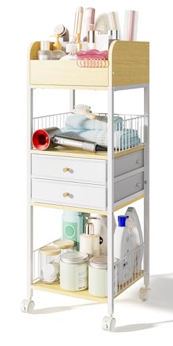 4-Tier Rolling Cart with Drawers, Mobile Storage Organizer | Steel Frame & Wood Shelves, Smooth-Rolling Lockable Casters, Easy Assembly, Organizes Makeup, Skincare & Household Essentials