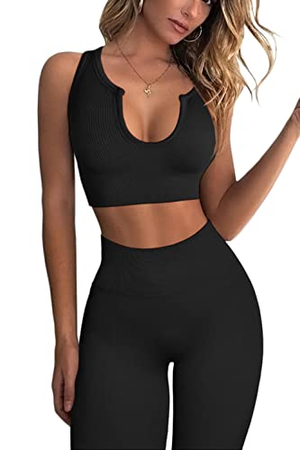 QINSEN Workout Outfits for Women 2 Piece Ribbed Seamless Crop Tank High Waist Yoga Leggings Sets - color: 03 Black, size: Large