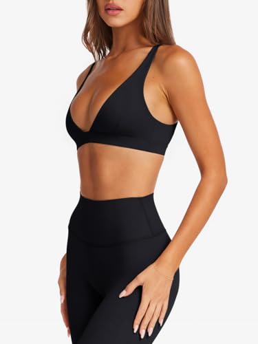 LASLULU Womens Deep V-Neck Sports Bra Padded Low Impact Yoga Workout Bra - color: Black, size: Medium