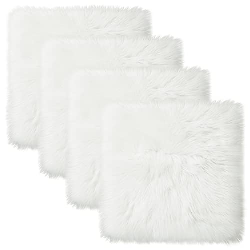 Softlife White Sheepskin Chair Cover 4 PCs Seat Cushion Pad Super Soft Area Rugs for Living Bedroom Sofa Dorm (1.6ft x 1.6ft) - color: White-4pcs