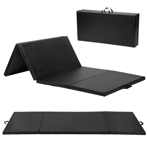 Exercise Mat 2'x6'/4'x8'/4'x10' Gymnastics Mat Folding Gymnastics Tumbling Mats 1.6"-2" Thick PU Leather Yoga Mat Portable With Carrying Handles for home Workout outdoor Yoga Pilates - color: Black, size: 4*8FT