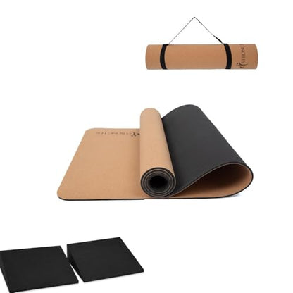 StrongTek Cork Yoga Set – Eco Yoga Mat + XL Foam Wedge Blocks, Non-Slip, Supportive & Cushioned for Hot Yoga, Stretching & Balance Training