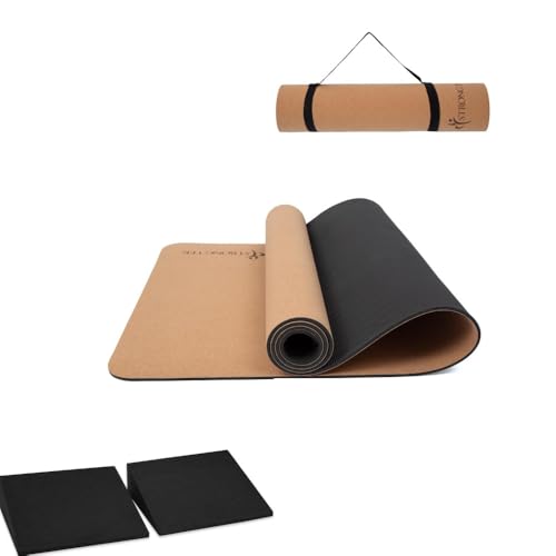 StrongTek Cork Yoga Set – Eco Yoga Mat + XL Foam Wedge Blocks, Non-Slip, Supportive & Cushioned for Hot Yoga, Stretching & Balance Training
