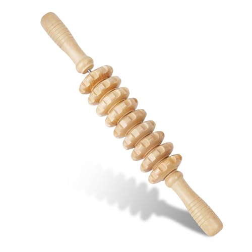 Liitrton Manual Wooden Massage Roller Stick for Muscle Relief, 9‑Wheel | Smooth Body Roller, Wood Therapy Massage Tools for Trigger Point Relief, Legs Sore Muscle Recovery - size: 15.35 Inch (Pack of 1)