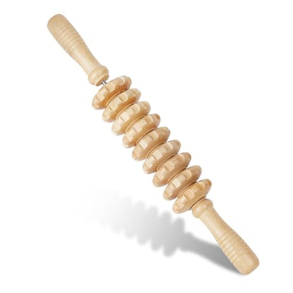 Liitrton Manual Wooden Massage Roller Stick for Muscle Relief, 9‑Wheel | Smooth Body Roller, Wood Therapy Massage Tools for Trigger Point Relief, Legs Sore Muscle Recovery - size: 15.35 Inch (Pack of 1)
