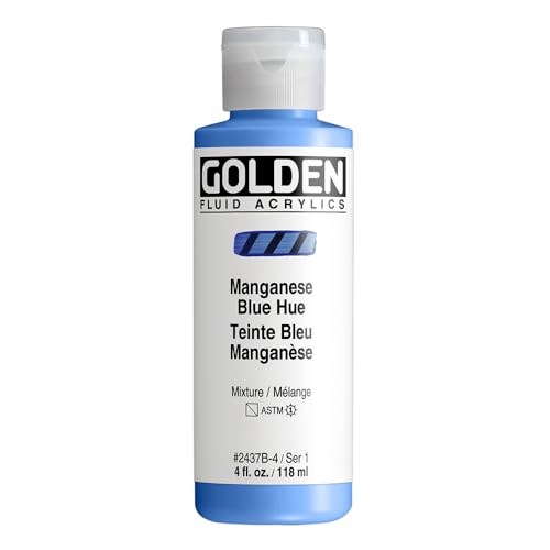 GOLDEN Fluid Acrylics, Manganese Blue Hue, 4 fl. oz. Bottle | Artist grade acrylic paint with rich pigment load and a flowing constency useful for even coverage and fine details.
