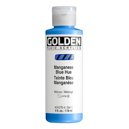 GOLDEN Fluid Acrylics, Manganese Blue Hue, 4 fl. oz. Bottle | Artist grade acrylic paint with rich pigment load and a flowing constency useful for even coverage and fine details.
