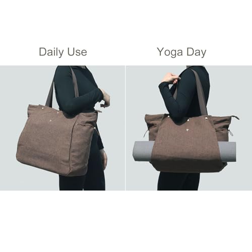 ESVAN Yoga Mat Bag, Gym Bag Tote Bag with Multi Pockets For Women Drawstring Yoga Mat Carrier Pilates Travel Workout Office - color: Linen Gray
