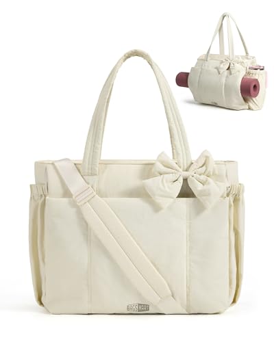 BAGSMART Crush Bow Tote Bag for Women, Puffer Travel Work Yoga Laptop Bag | Large Bow Tote Fits 40oz Tumbler, 15.6" Laptop, Yoga Mat Sleeve, Waterproof Pocket, Travel Work Swim Gym Mom Shoulder Handbag - color: Beige, size: 20L-Large