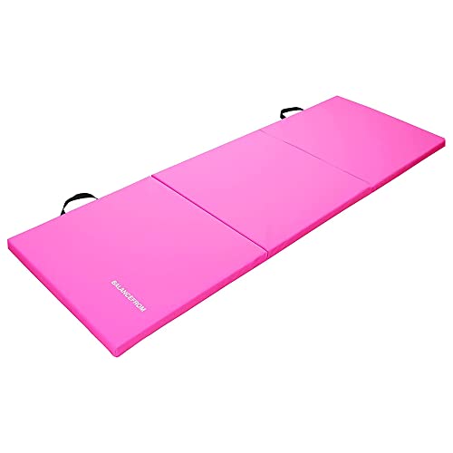 BalanceFrom 6x2 Feet 3-Panel Folding Gymnastics Mat – 1.5-Inch Thick Pad with Vinyl Surface and Carrying Handles for Tumbling, Yoga, Pilates, Home Workouts, and Martial Arts - color: Pink
