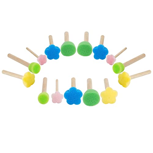 15 Pieces Sponge Stamps Kids Painting Brush with Wooden Handle Mini Cute Round and Flower Shapes for Painting, DIY, Craft, Scrapbooking, Drawing, Ink, Card Making, Multicolor