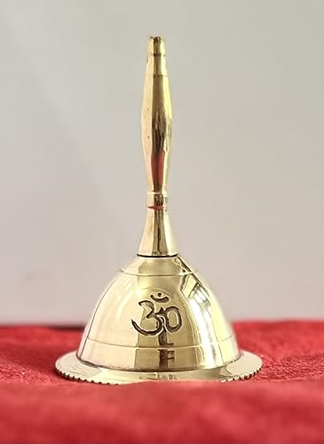 Indian Consigners Hand Bell Loud Brass Call Bells 3 Inches Altar Pendulam Use (Om Gold) - color: Om Gold