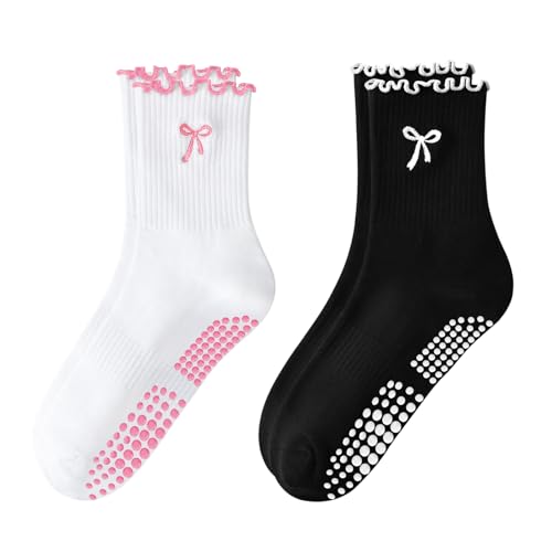 Women's Pilates Grip Socks, Ruffle Non Slip Bow Pattern Yoga Socks | Grippy, Frilly Trim, Embroidery, Crew Length, Soft Cotton, Arch Support, for Barre Ballet Dance Workout Hospital Home Gifts - color: B05-bow-black+white(pink)