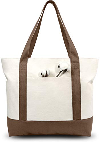 TOPDesign 1-Pack Canvas Tote Bag with an External Pocket, Reusable Grocery Shopping Bag, Top Zipper Closure, Daily Essentials (Brown/Natural) - color: Brown/Natural