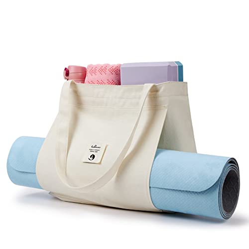 WLLWOO Yoga Mat Carrier Bag for Women Canvas Carryall Tote Gym Pilates | Large Holder Zipper Shoulder for Beach Travel Workout Fitness Office - color: Beige