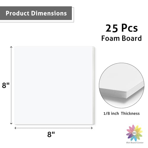 Mat Board Center 8x8x1/8" White High-Grammage Foam Core Boards Pack of 25 | Acid Free, Polystyrene, Warp-Resistant, Double-Sided Foam Poster Board, Easy to Cut & Write for Display, Draw, Crafts & Art - color: White, size: 8x8
