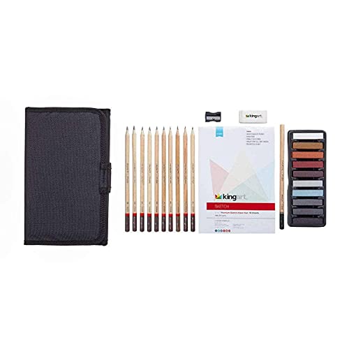 KINGART DRAWING & SKETCHING 25 pc. TRAVEL SET, Graphite, and Charcoal Pencils & Pastels plus Supplies, Art Drawing Kit for Adults, Teens, Beginner to Pro, Ideal for Shading, Blending, 25 pc.