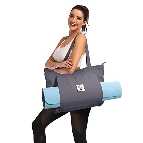 WLLWOO Yoga Mat Carrier Bag for Women Canvas Carryall Tote Gym Pilates | Large Holder Zipper Shoulder for Beach Travel Workout Fitness Office - color: gray