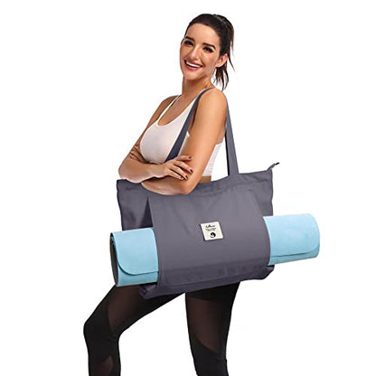 WLLWOO Yoga Mat Carrier Bag for Women Canvas Carryall Tote Gym Pilates | Large Holder Zipper Shoulder for Beach Travel Workout Fitness Office - color: gray
