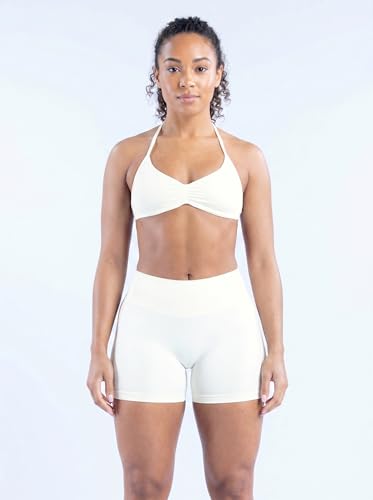 MOYOOGA 2 Piece Workout Sets for Women Seamless Shorts and Strappy Sports Bra Athletic Gym Yoga Matching Outfits - color: White, size: Small