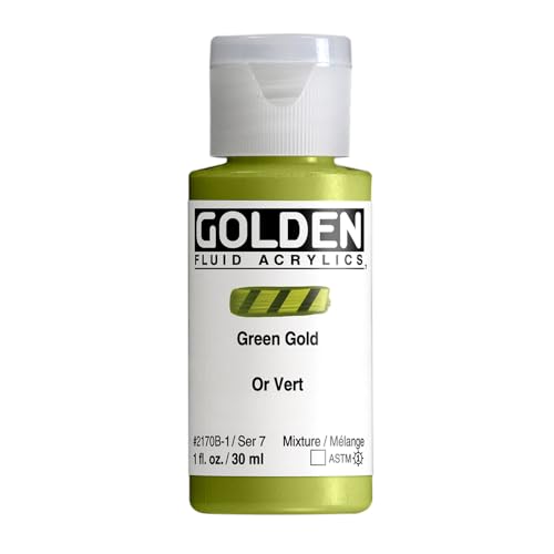GOLDEN Fluid Acrylics, Green Gold, 1 fl. oz. Bottle | Artist grade acrylic paint with rich pigment load and a flowing constency useful for even coverage and fine details.
