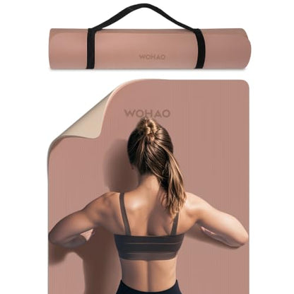8mm Thick Yoga Mat Non Slip for Women Men | 72"x28" mat for gym, pilates, studio. POE, reversible, non-slip, tear-proof, odorless, easy-clean, strap. - color: Brown+Apricot