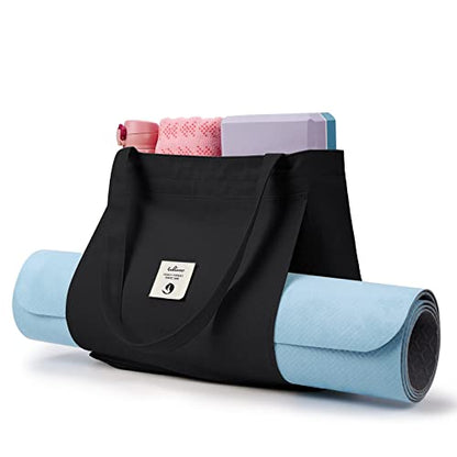 WLLWOO Yoga Mat Carrier Bag for Women Canvas Carryall Tote Gym Pilates | Large Holder Zipper Shoulder for Beach Travel Workout Fitness Office - color: black