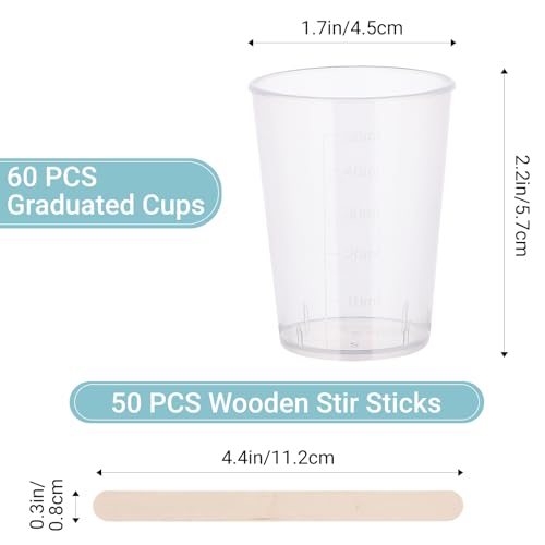 Resin Mixing Cups and Sticks, 110 Packs Epoxy Measuring Cups Kit - 60PCS 100ml Disposable Graduated Cups, 50PCS Wooden Stir Sticks for Mixing Paint, Stain, Epoxy, Resin - color: Clear cups+wooden stick, size: 50ml