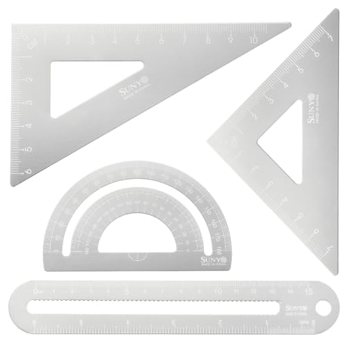 HARFINGTON 4pcs Triangular Ruler Set 15cm/6" Aluminum Alloy Straight Geometric Protractor Triangle Engineering Scale Drafting Ruler Kit Measuring Drawing Tool for Classroom Home, Silver White - color: Silver White