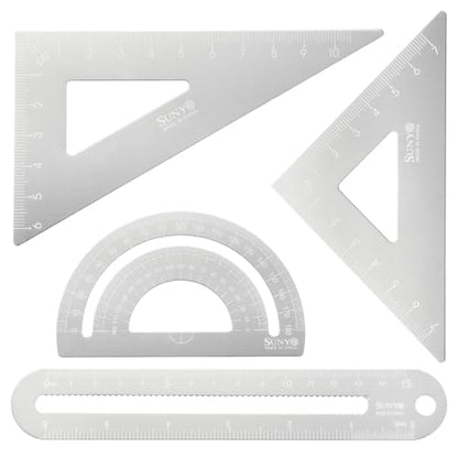 HARFINGTON 4pcs Triangular Ruler Set 15cm/6" Aluminum Alloy Straight Geometric Protractor Triangle Engineering Scale Drafting Ruler Kit Measuring Drawing Tool for Classroom Home, Silver White - color: Silver White