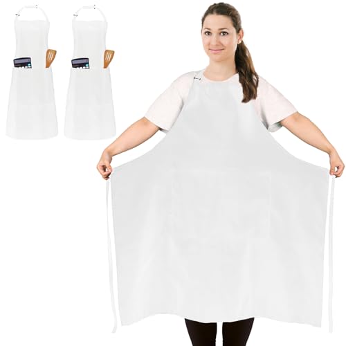 2 Pack Plus Size Waterproof Cooking Chef Apron with 2 Pockets for Men Women | Extra Large Design, Adjustable Neck Straps, Long Waist Ties, Professional Bib Aprons for Kitchen, Grilling, Gardening, Baking - color: White