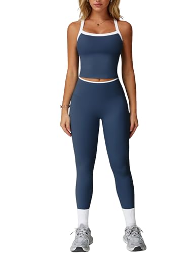QBGJTD Womens Workout Sets Two Piece Cross Back Tank Top Matching High Waist Leggings Sets Gym Outfits Work Out Clothes - color: Colorblock Dark Blue, size: Large