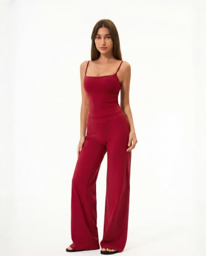 Womens Two Piece Workout Sets Spaghetti Straps Crop Top Matching Straight Leg Pants Gym Yoga Pilates Outfits - color: Ruby Red, size: Medium