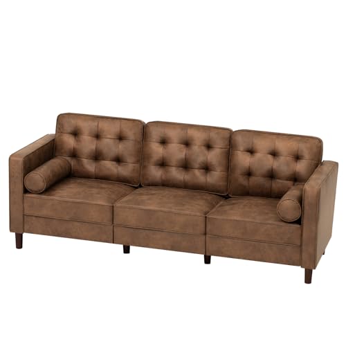 84" Suede Leather Modern Sofa with Bolster Pillows, Brown - color: Brown, size: 84" Sofa