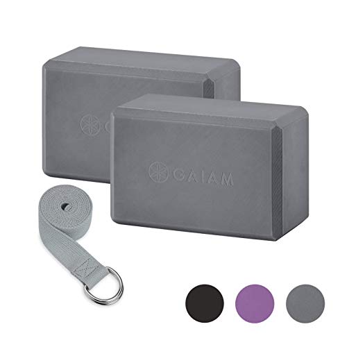 Gaiam Yoga Block - Supportive Latex-Free Eva Foam - Soft Non-Slip Surface with Beveled Edges for Yoga, Pilates, Meditation - color: Grey, style: 2 Blocks W/Strap
