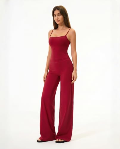 Womens Two Piece Workout Sets Spaghetti Straps Crop Top Matching Straight Leg Pants Gym Yoga Pilates Outfits - color: Ruby Red, size: Small
