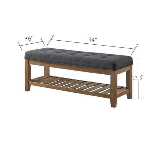 24KF Large Rectangular Upholstered Tufted Linen Fabric Ottoman Bench, Padded Bench with Solid Wood Shelf-Charcoal - color: Charcoal-bench, size: 16"D x 44"W x 18"H